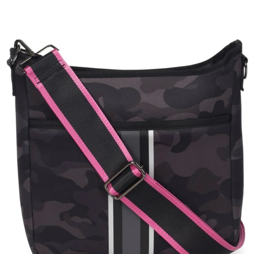 Haute Shore Women’s Black Camo Crossbody Bag with Pink-Trim Strap